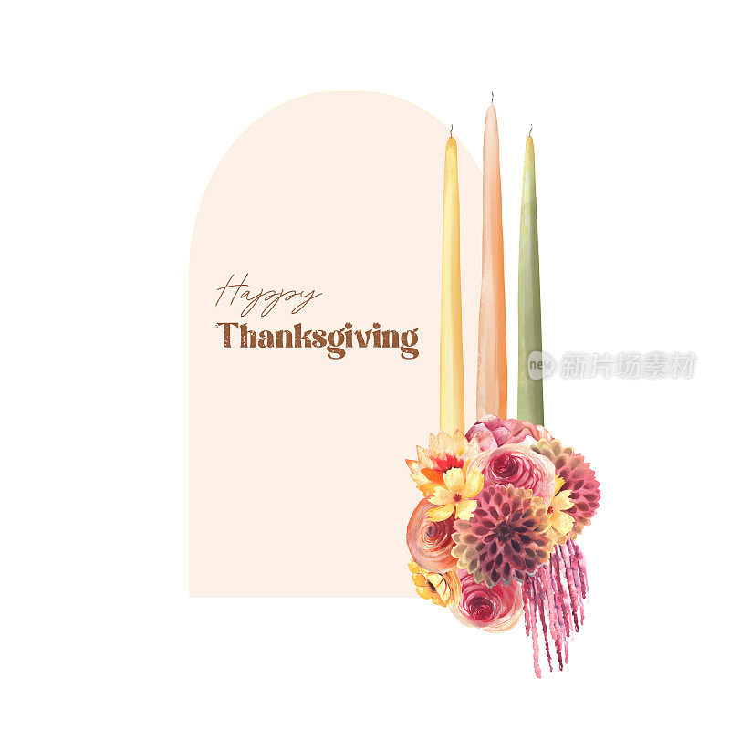 框架装饰水彩秋花和时尚的蜡烛，感恩节卡片设计