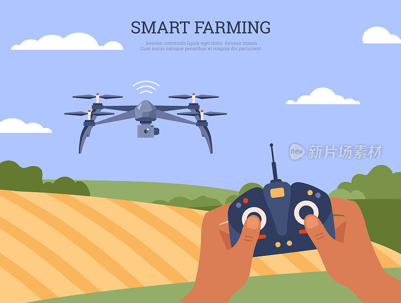 智能农业概念，无人机飞越的领域，旗帜模板-平面矢量插图。