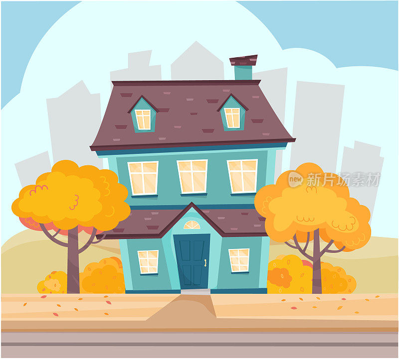 秋天的风景与可爱的房子附近的道路，房子在大城市的郊区。郊区邻里在秋天的时候。矢量插图在平面卡通风格。