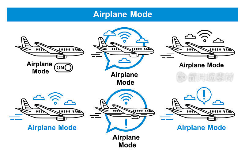 飞机飞行模式切换，手机线路图标设置。把智能手机离线。飞机电话状态。WIFI网络连接信号。飞机安全旅行。Web设置应用程序标志。向量