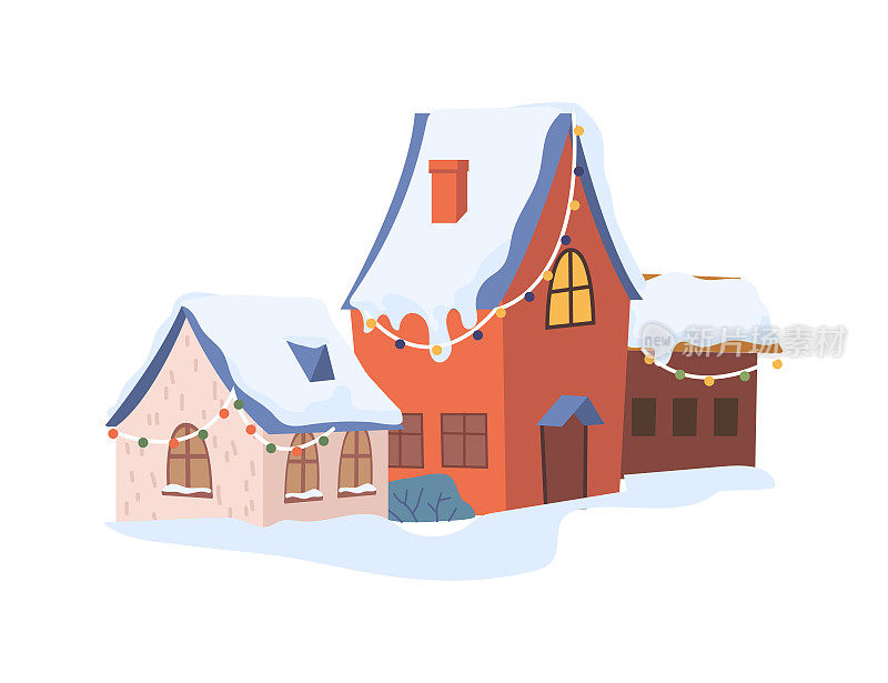圣诞新年冬村景观元素扁平化卡通设计图标。矢量小屋房子和雪，毛皮树和灌木，小屋装饰花环
