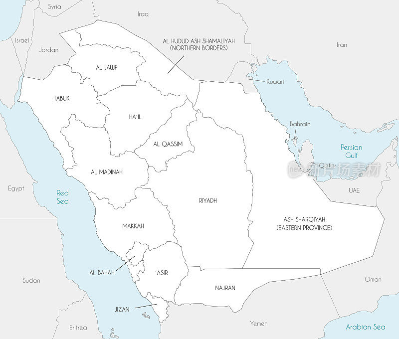 沙特阿拉伯的矢量地图，有省份和行政区划，以及邻国。可编辑和明确标记层。