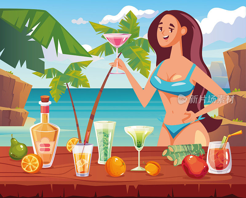 暑假假期海滩海边鸡尾酒会作文概念。矢量卡通设计元素插图