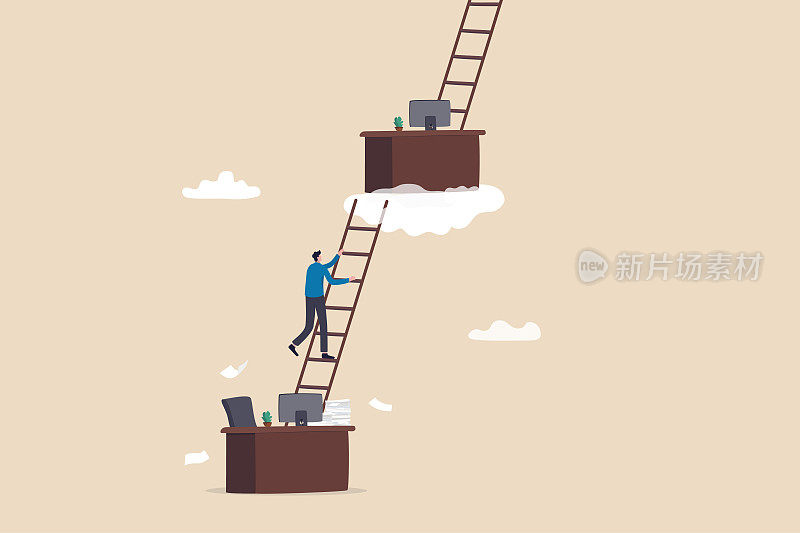 职业道路或工作晋升，职业或阶梯的成功，成长的步骤或进步实现目标，挑战和抱负的概念，商人爬上梯子从他的办公桌到更高的水平。