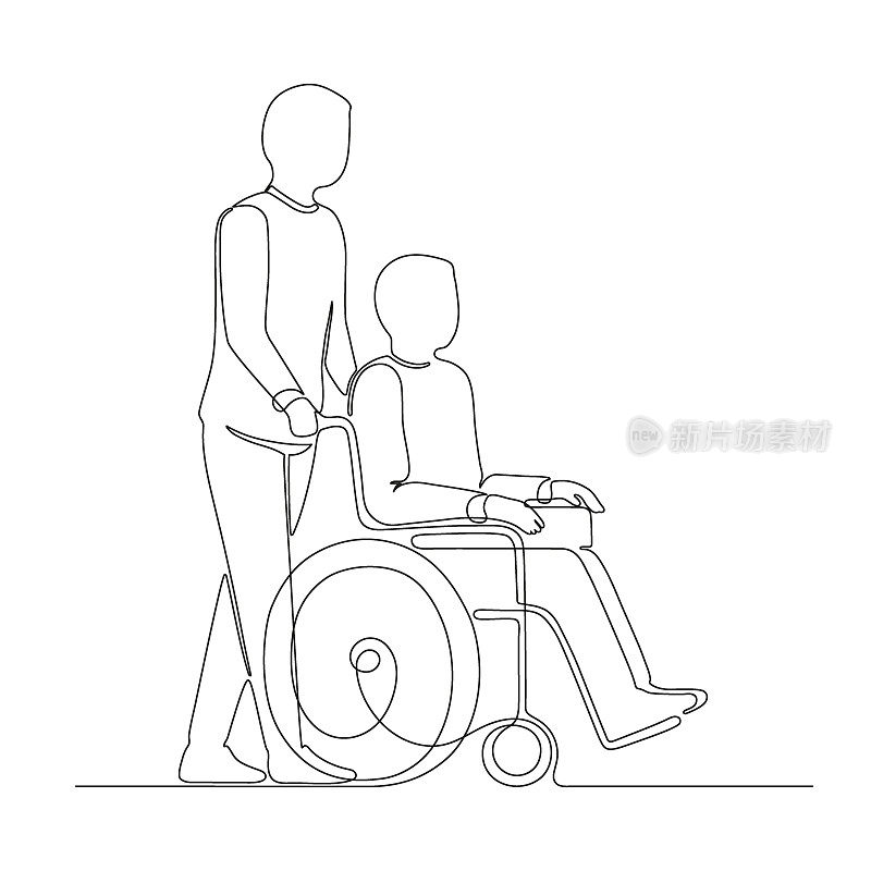 残疾人坐在轮椅上协助志愿者，连续画一条艺术线条。照顾和帮助年老的受伤病人。单一的手绘。残疾运输。向量轮廓