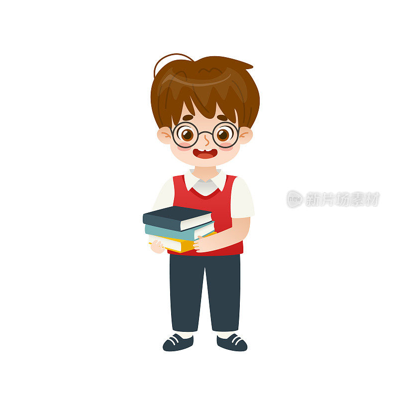 可爱的小男生站着拿着一摞书。可爱快乐的小学生拿着书。