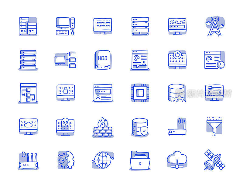 网络技术手绘线图标集