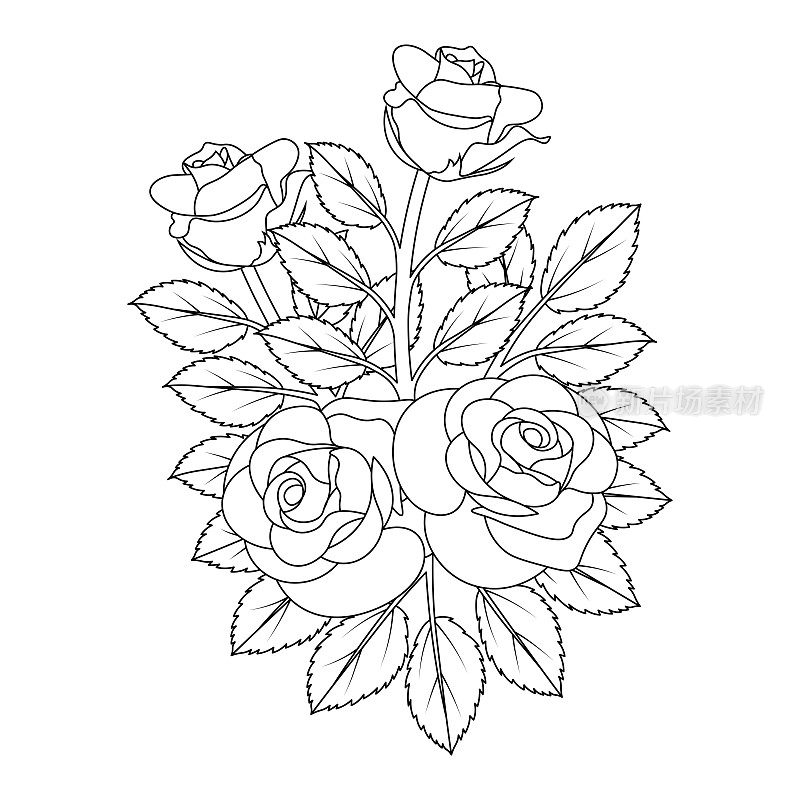 玫瑰花线艺术插图设计黑白着色页