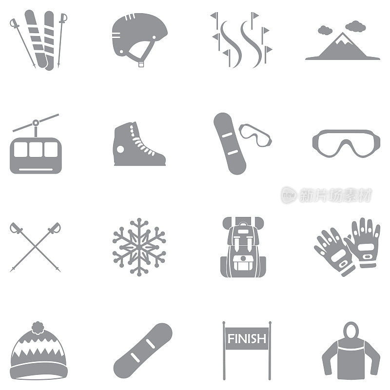 单板和滑雪图标。灰色的平面设计。矢量插图。