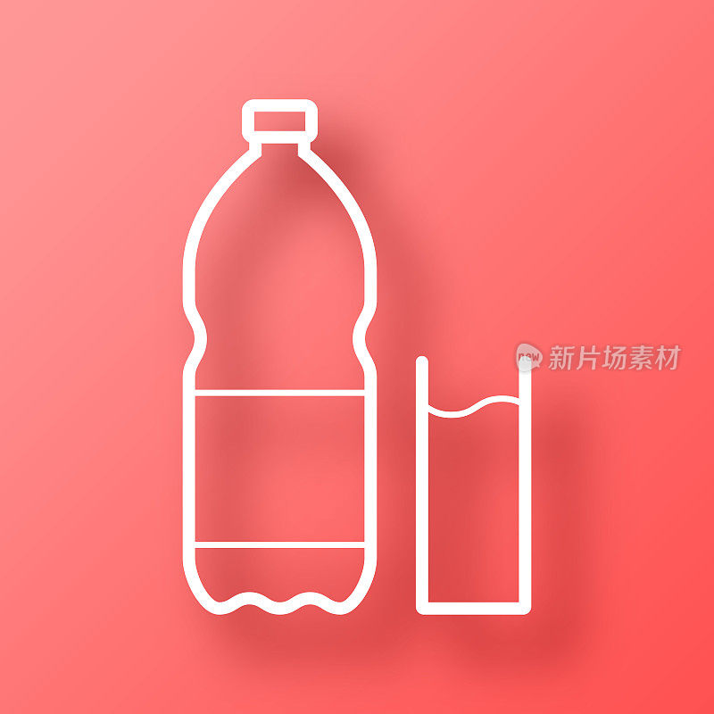 一瓶和一杯苏打水。图标在红色背景与阴影