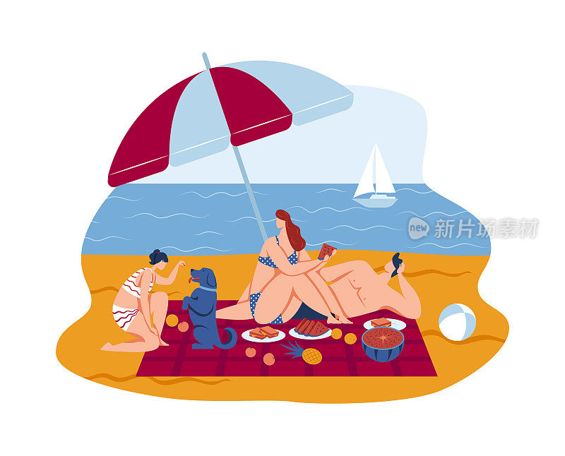 暑假出海，孤立上白矢插图。男人女人一家人在卡通海滩，度假的生活方式。