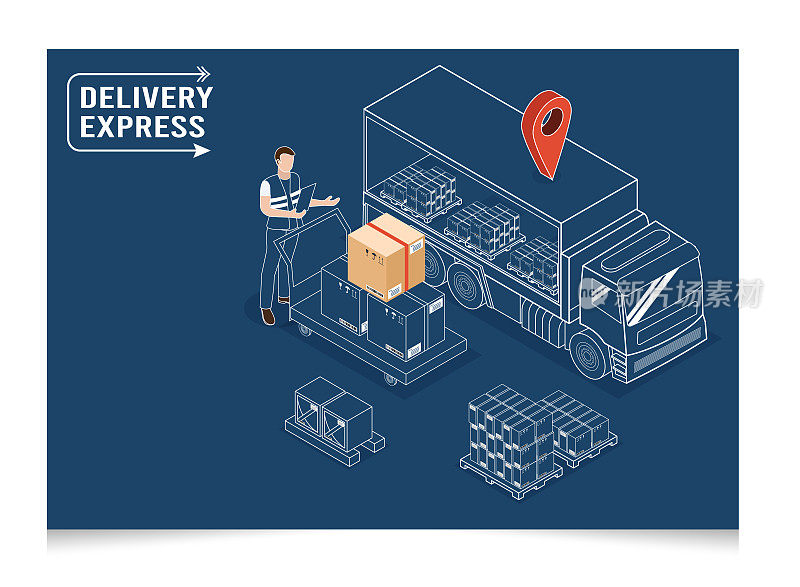 3D等距物流和配送服务概念，卡车运输产品盒从供应商到买家。矢量插图eps10