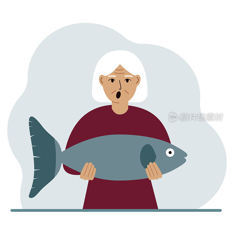 一位年老的女渔夫抱着一条大鱼，为自己钓得好或打猎得好而自豪。爱好,钓鱼的概念。