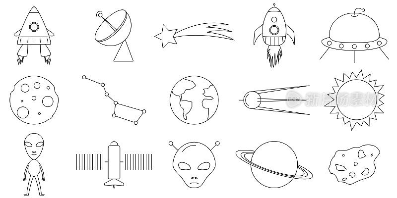 外层空间和天文学图标集-可编辑的2pt笔画