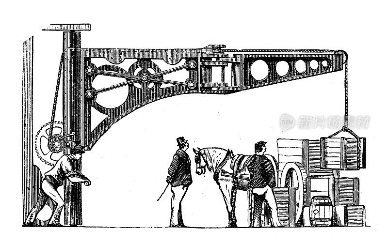 古董插图，应用力学和机器:起重机，升降机和提升机