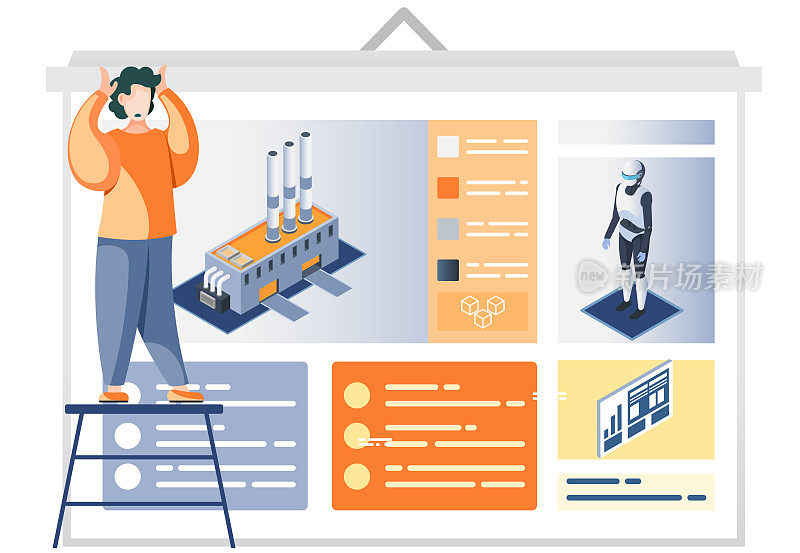 一名男子正在看展示海报，上面有工业自动化工厂机器人驱动的描述