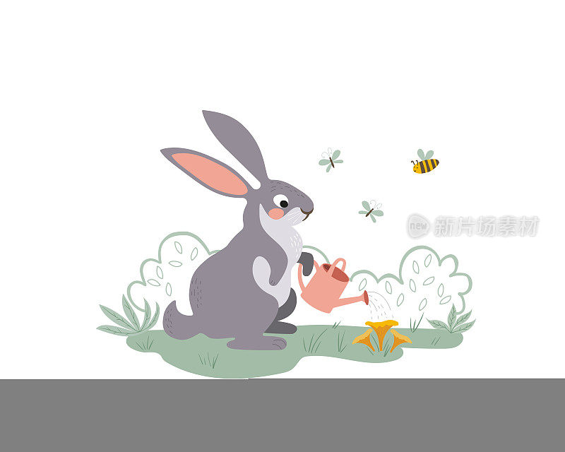 一只可爱的兔子正在用喷壶给花园浇水。兔子在种蘑菇。矢量手绘插图