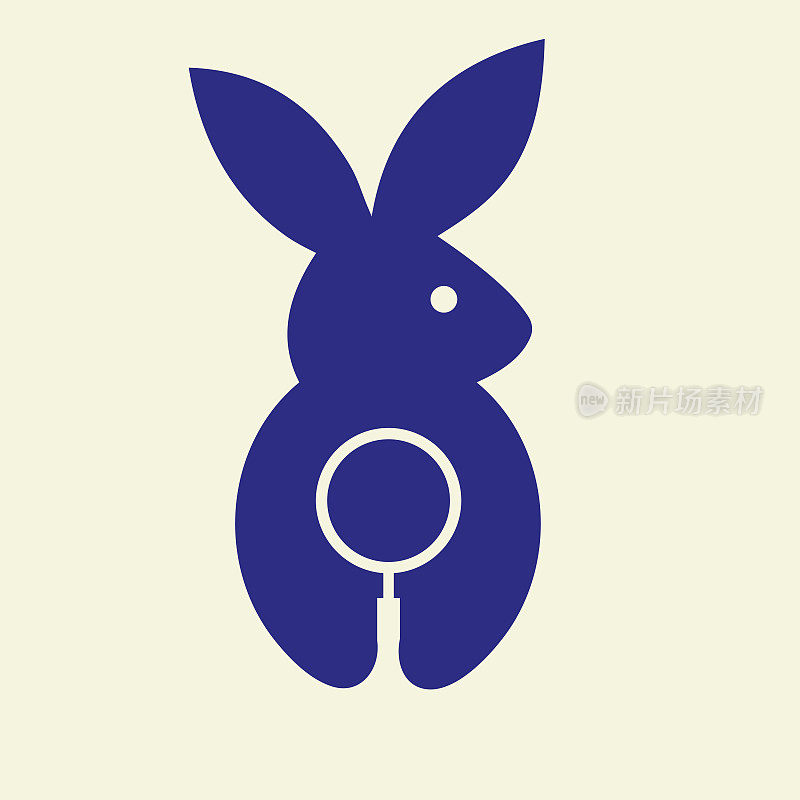 兔子放大标志负空间概念矢量模板。兔子拿着放大镜的符号