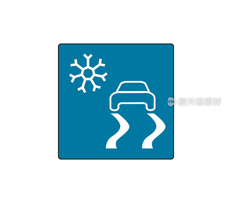 汽车道路滑地标志。下雪天气信息标志。