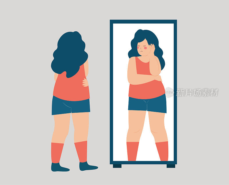 胖女人看着镜子里的自己。自卑，饮食和体重控制，身体畸形障碍的概念。
