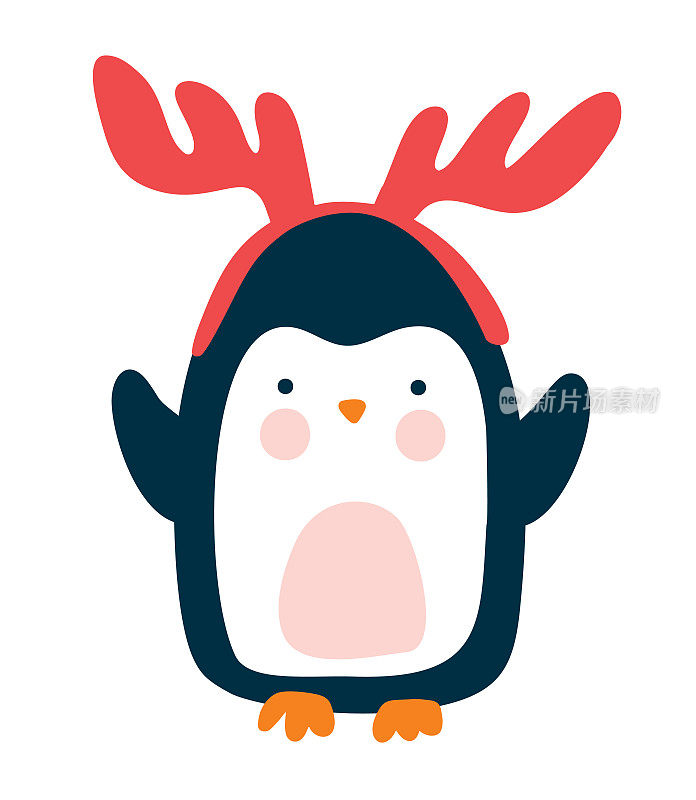 可爱的圣诞宝宝矢量冬季企鹅与鹿角作为帽子的卡通风格。孤立的白色背景平假日插图