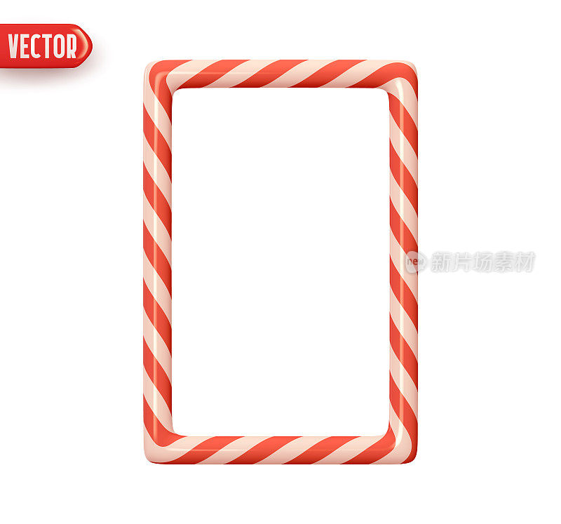 用拐杖糖做成的圣诞矩形框架。红白直线色。逼真的3d设计装饰新年假期元素。圣诞条纹糖果拐杖的边界。矢量图