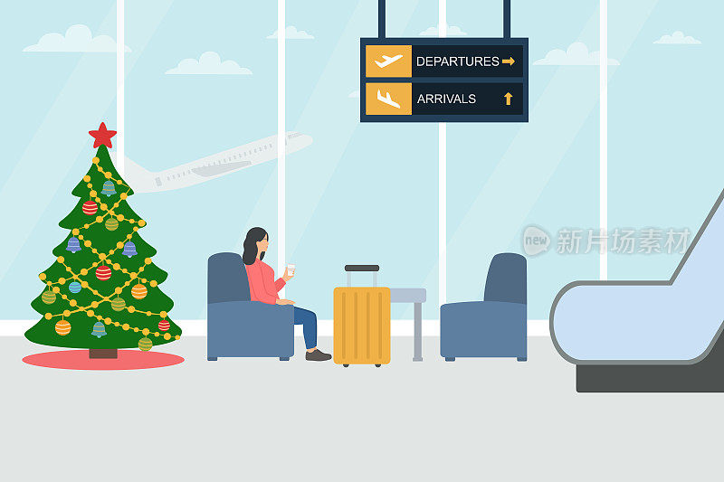 圣诞假期概念。年轻女子喝着咖啡在机场候机。机场有圣诞树、装饰品和窗外飞行的飞机