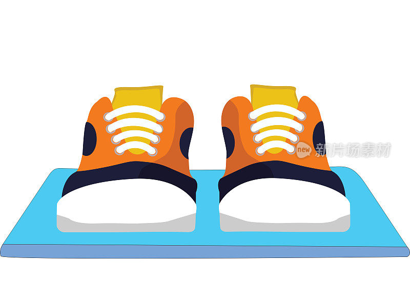 男士时尚鞋前视图，经典鞋款设计。一双蓝色和橙色的胶鞋或溜冰鞋的矢量。时尚男鞋，乐福鞋，运动鞋，船鞋，匡威或运动鞋