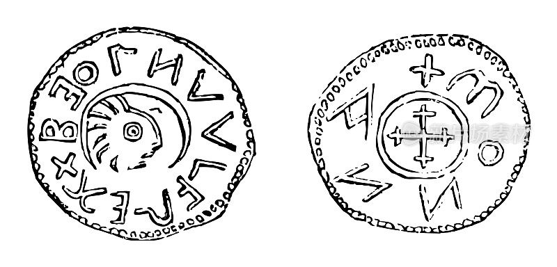 中世纪盎格鲁-撒克逊银便士的Beornvvlf国王的麦西亚-古董雕刻插图
