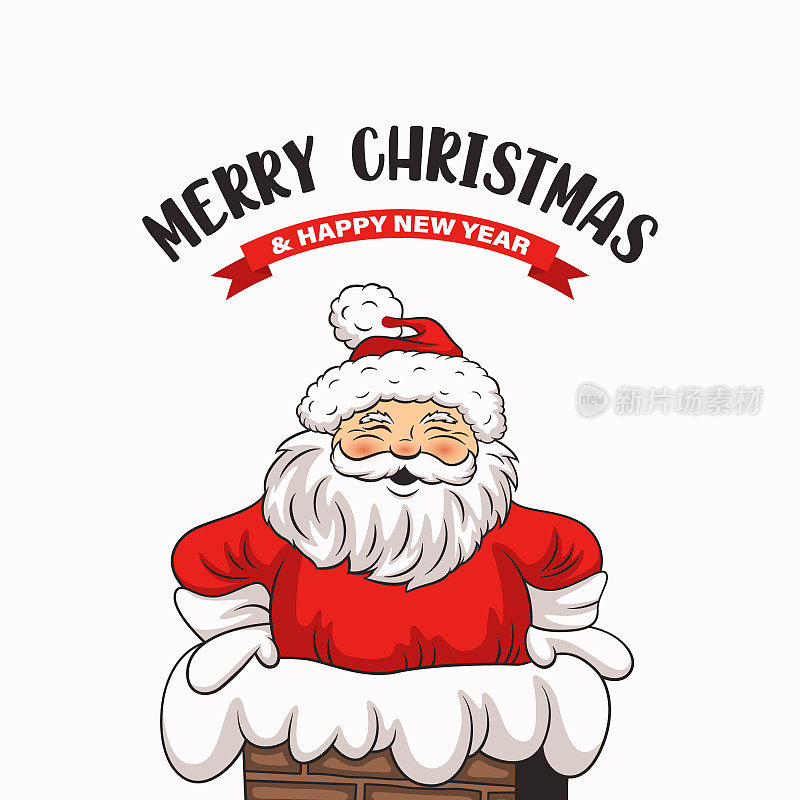 快乐的圣诞卡片与微笑的圣诞老人在烟囱在复古卡通漫画风格。圣诞快乐和新年快乐节日贺卡与快乐笑圣诞老人