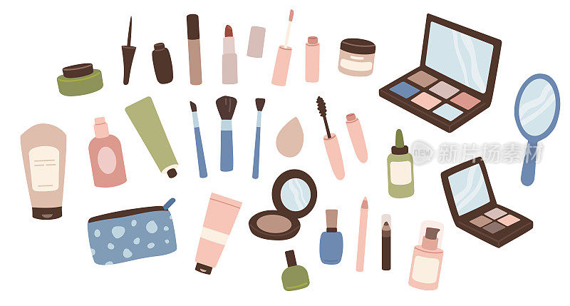化妆品套装。收藏美容化妆装饰用品。口红，睫毛膏，粉饼，粉底。平面矢量图。