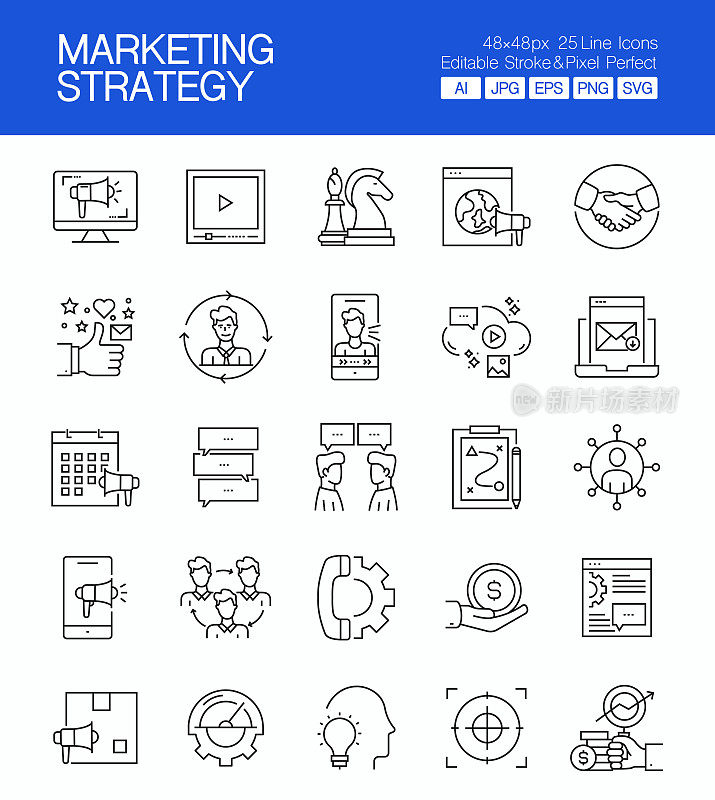 营销策略细线矢量图标集。设计是可编辑的，颜色可以改变。创意图标的矢量集:品牌营销，内容营销，全球营销，入站营销，数字营销，对话