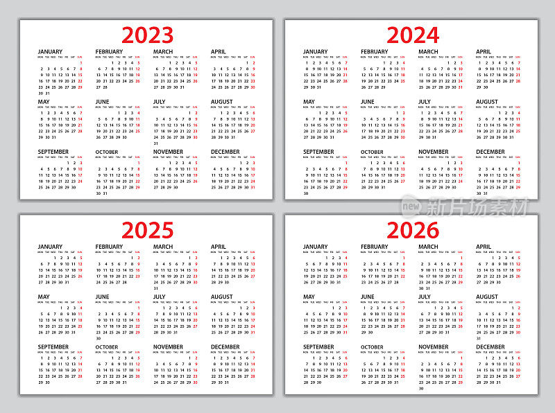 日历2023、2024、2025、2026模板，计划表2023、2024、2025、2026年，挂历2023、2024、2025、2026模板，周一开始，一套12个日历，广告，印刷