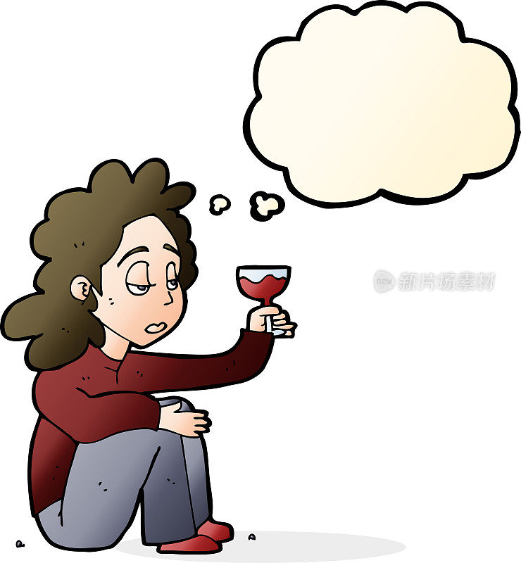 卡通不开心的女人带着一杯带着思想泡泡的酒