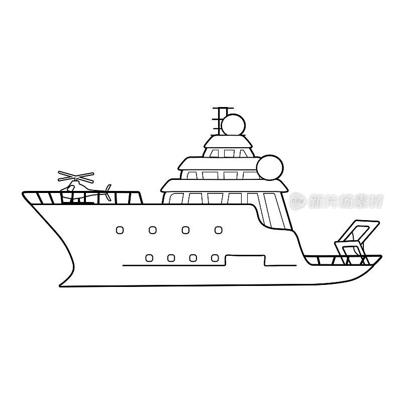 黑白研究船的海洋探索，探险船与直升机插图。可以用于涂色书吗