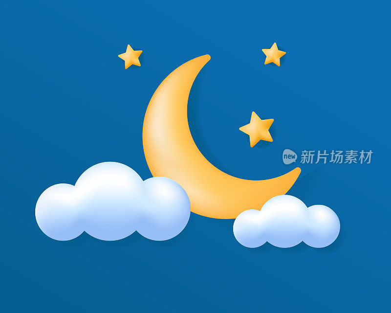 3d黄色的月亮与星星在白云在蓝天的背景。