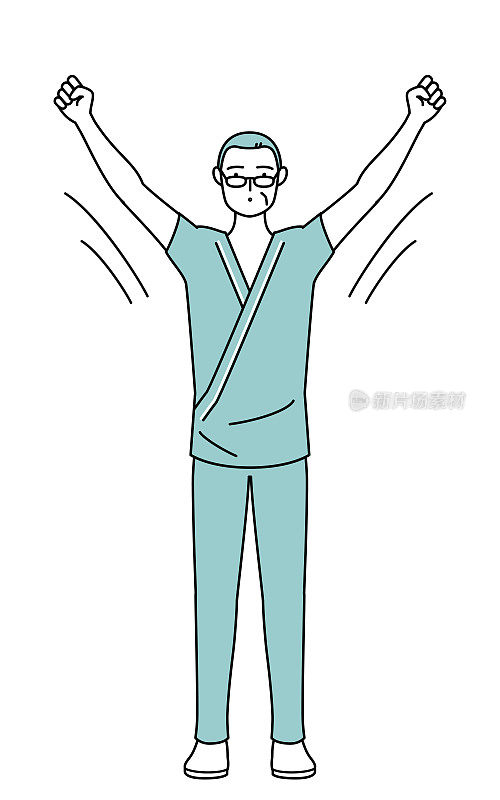 住院的中老年男性病人穿着医院的大褂做广播健美操，为预防事故做准备