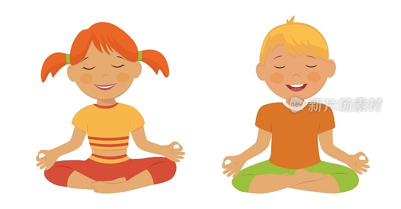 孩子冥想。儿童瑜伽，放松，呼吸课程。矢量卡通插图。