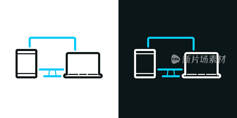 台式电脑、平板电脑和笔记本电脑。黑色或白色背景上的双色线条图标-可编辑笔触