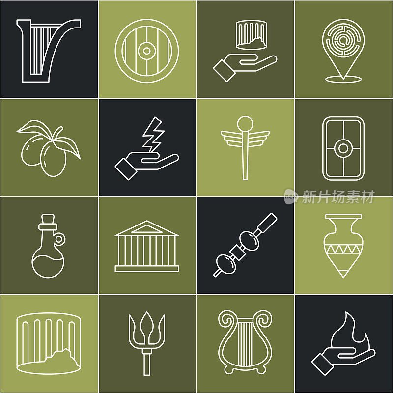 手握火种，古代双耳罐，希腊盾，圆柱，宙斯，橄榄枝，竖琴和卡杜修斯蛇医学图标。向量