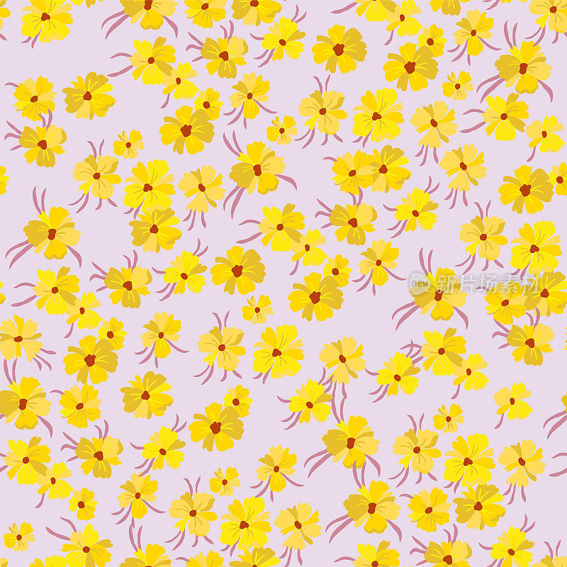 矢量无缝图案与风格化的花卉图案，在浅粉红色的背景上有很多小花。手绘的小黄花。在黄色色调无缝花卉背景。