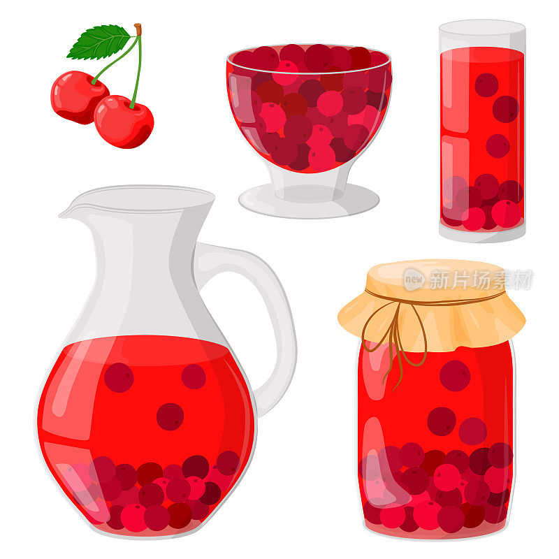 樱桃果盘装在玻璃瓶、玻璃杯、罐子里。喝自制水果。自制果酱或果冻装在玻璃碗里。健康饮食的概念。矢量插图在一个平面的风格。