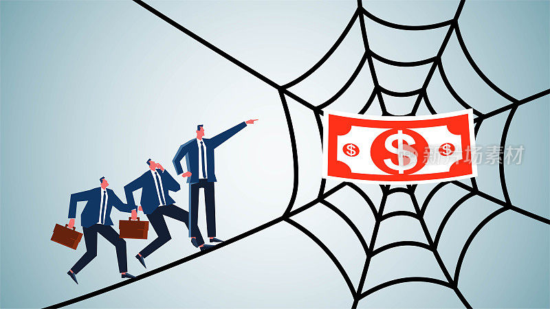 缺钱、财务问题、疑虑或恐惧、投资风险或商业陷阱，商人走在巨大的蜘蛛网上，发现了钱