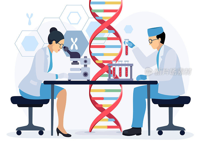 基因DNA科学。生物技术。女科学家坐在桌子旁，通过显微镜观察。