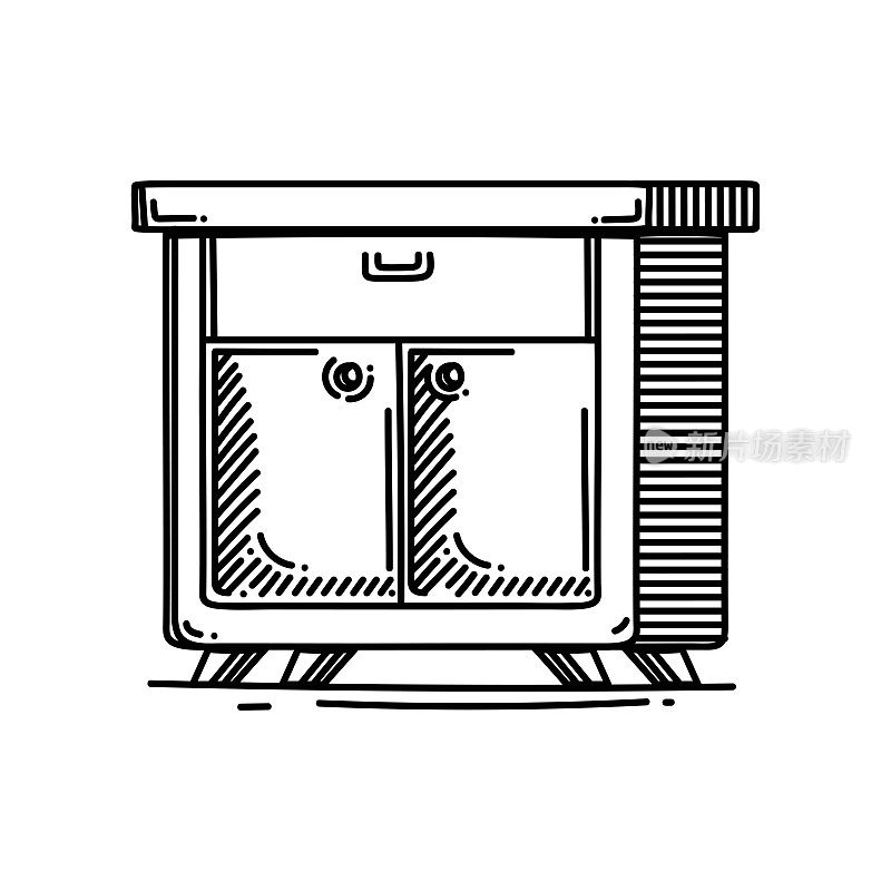 餐具柜线条图标，草图设计，像素完美，可编辑笔触。标志、标志、符号。