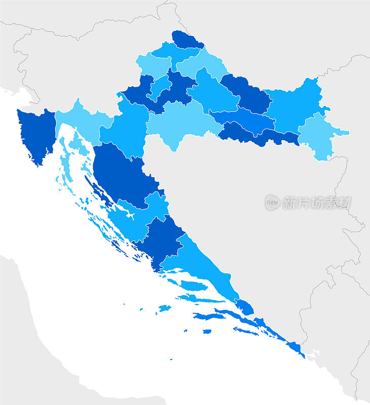 高详细克罗地亚蓝色地图与地区和国界斯洛文尼亚，匈牙利，奥地利，意大利，塞尔维亚，波斯尼亚和黑塞哥维那，黑山，阿尔巴尼亚