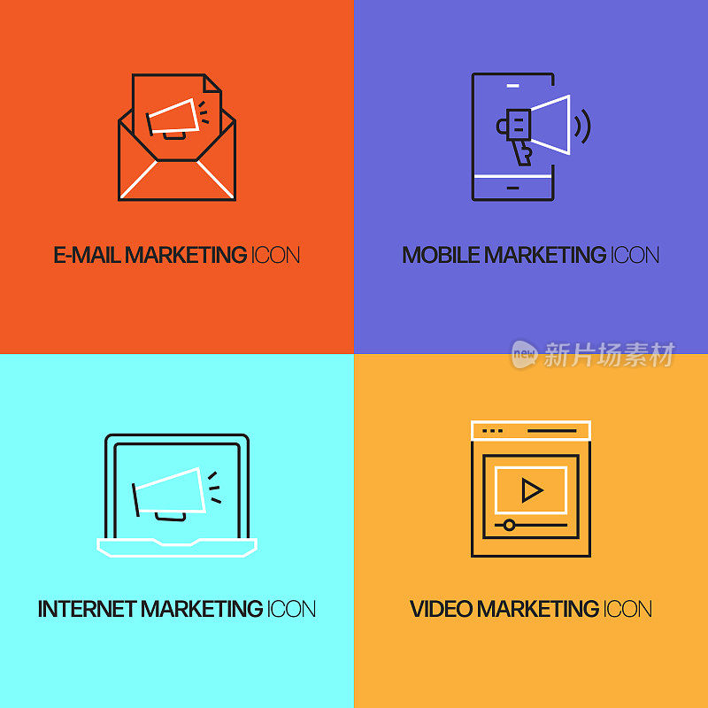 营销相关的矢量线图标。轮廓符号集合