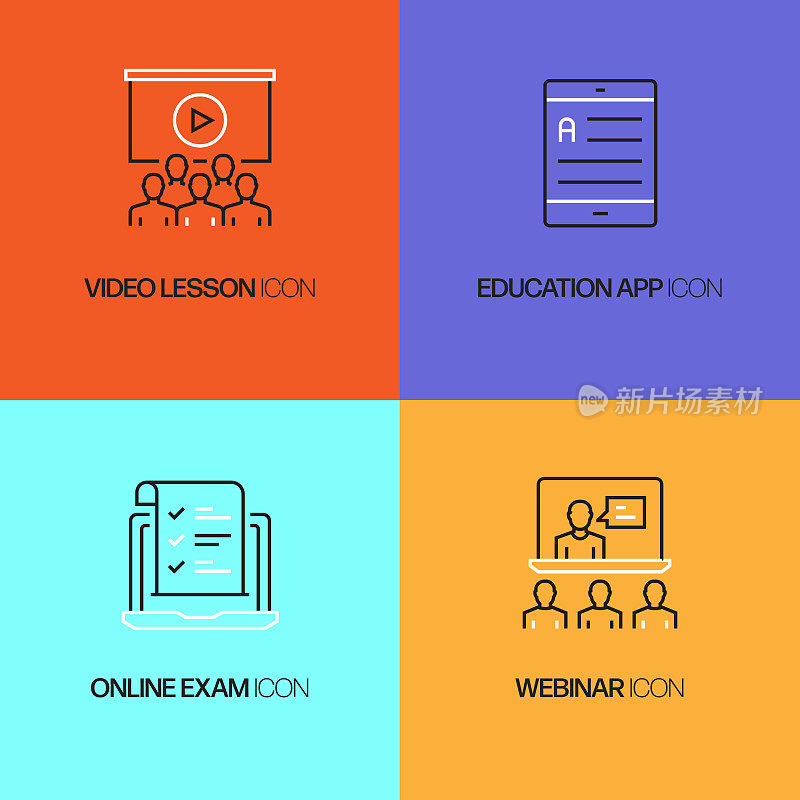 电子学习相关的矢量细线图标。轮廓符号集合