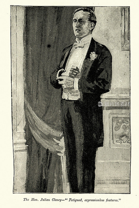 19世纪90年代，维多利亚时代的上流社会英国男人，穿着晚礼服