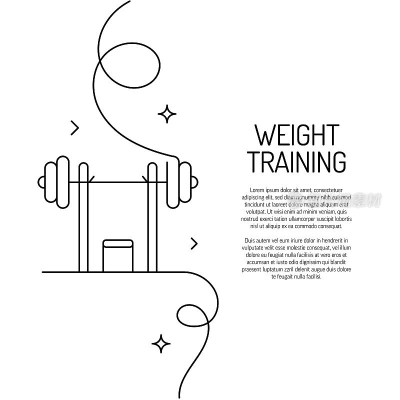连续线条绘制的重量训练图标。手绘符号矢量插图。